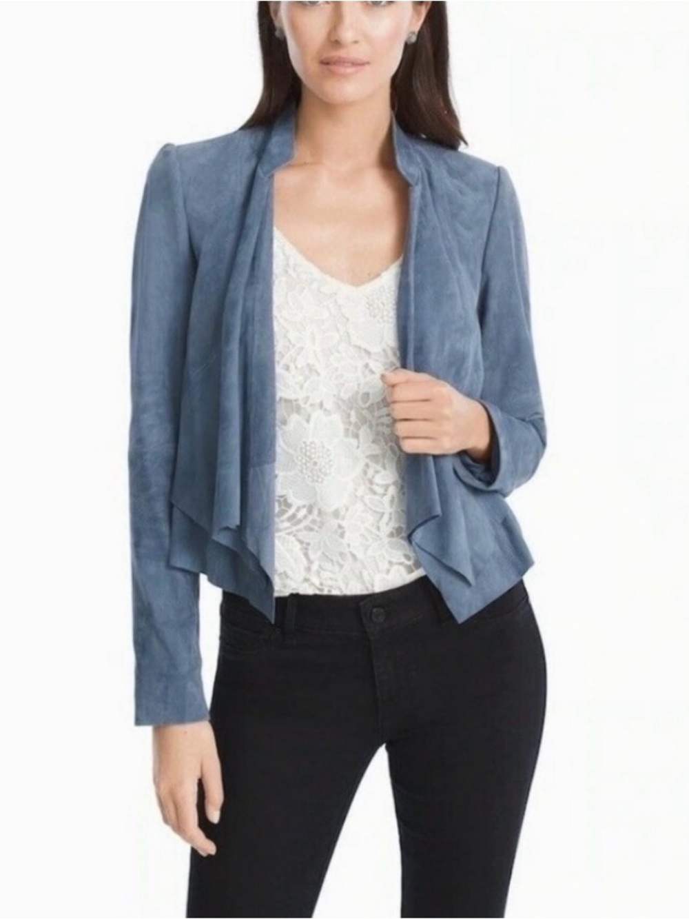 White House Black Market Slate Blue Suede Genuine Leather Draped Jacket Small S